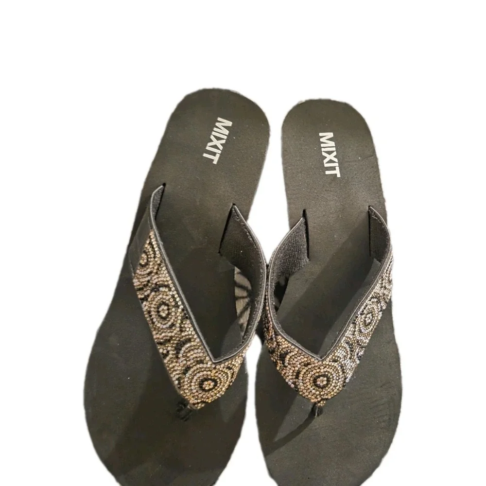 Mixit Women's‎ Size 10 Black Jeweled Platform Flip Flops Sandals Rhinestone...